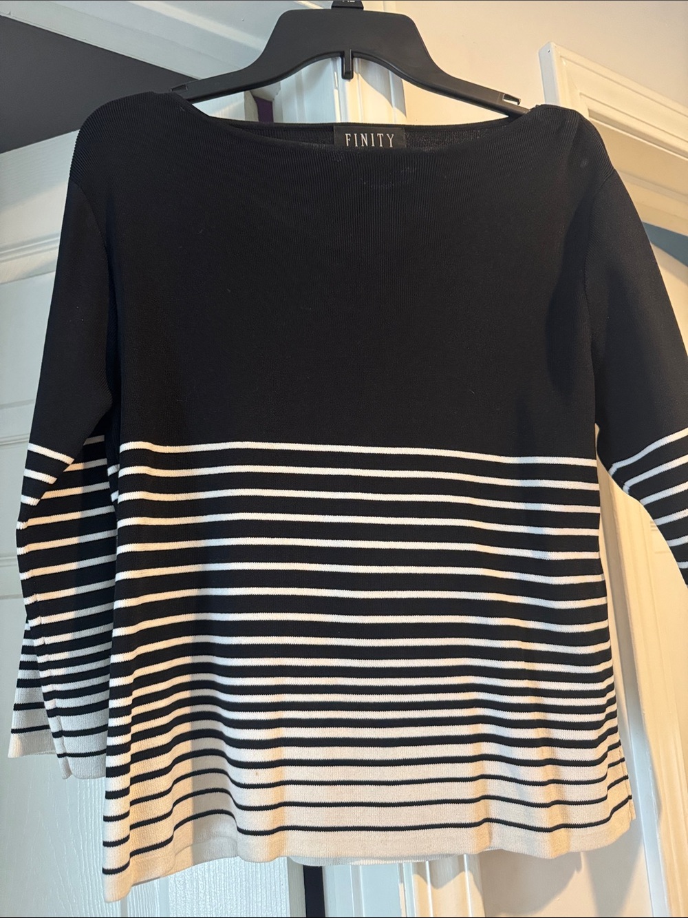 Finity Black and White Striped Boatneck 3/4 Inch Sleeve Top
